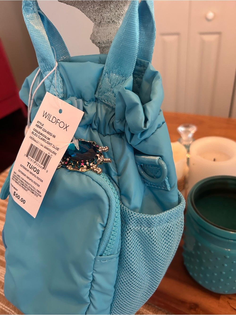 Turquoise Blue Women's Drawstring Mini Backpack - Picture 7 of 7